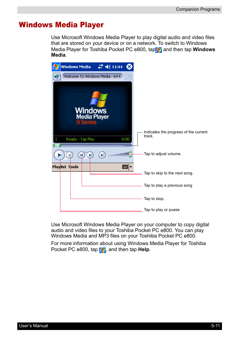 Windows media player, Windows media player -11 | Toshiba Pocket PC e800 User Manual | Page 83 / 223