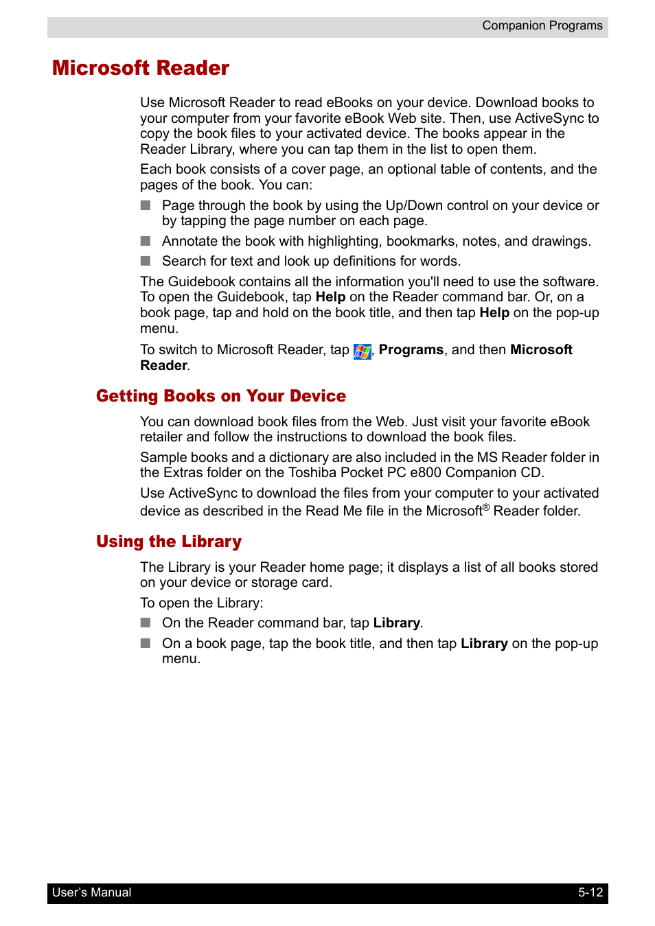 Microsoft reader, Getting books on your device, Using the library | Microsoft reader -12 | Toshiba Pocket PC e800 User Manual | Page 84 / 223