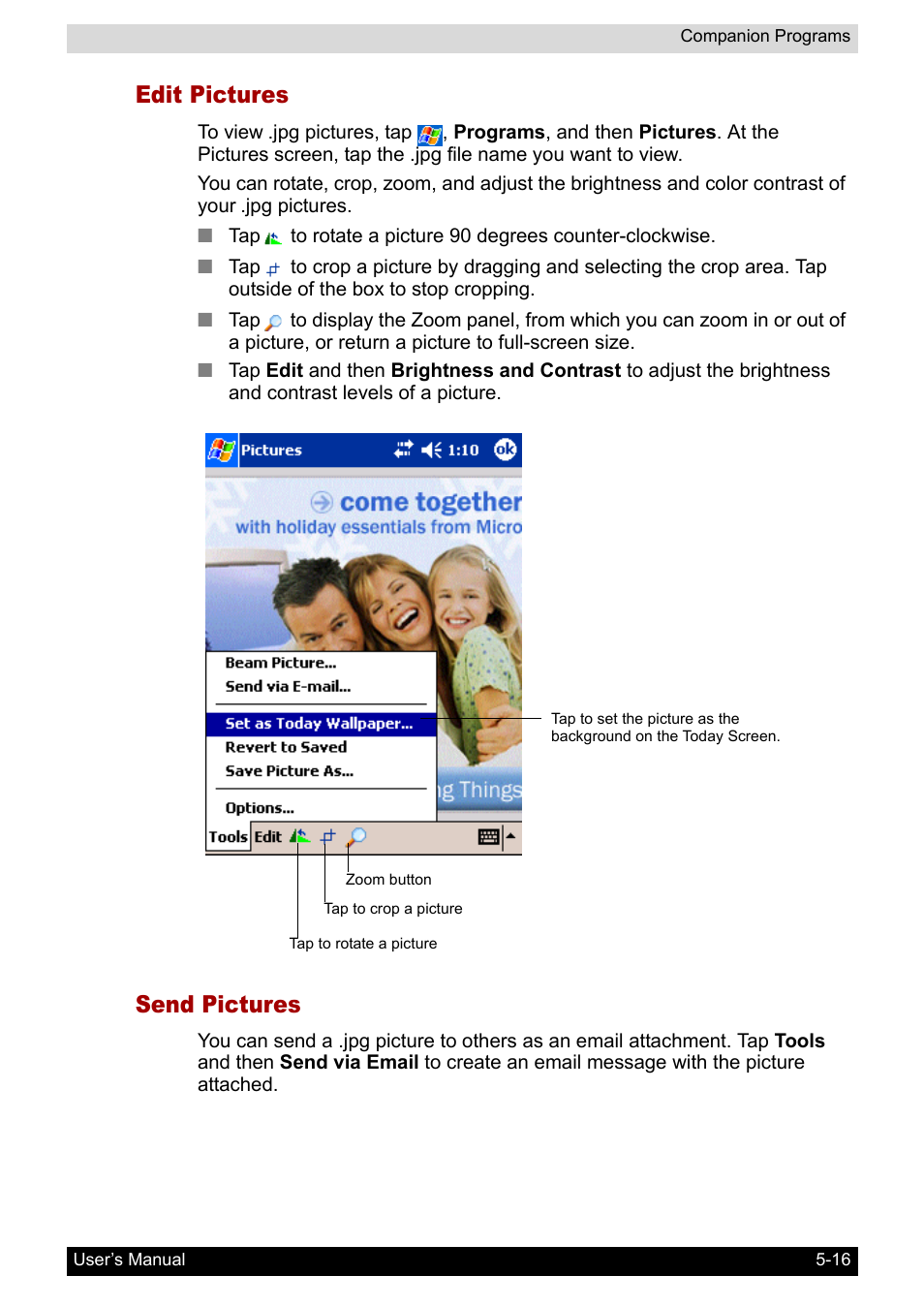 Edit pictures, Send pictures | Toshiba Pocket PC e800 User Manual | Page 88 / 223