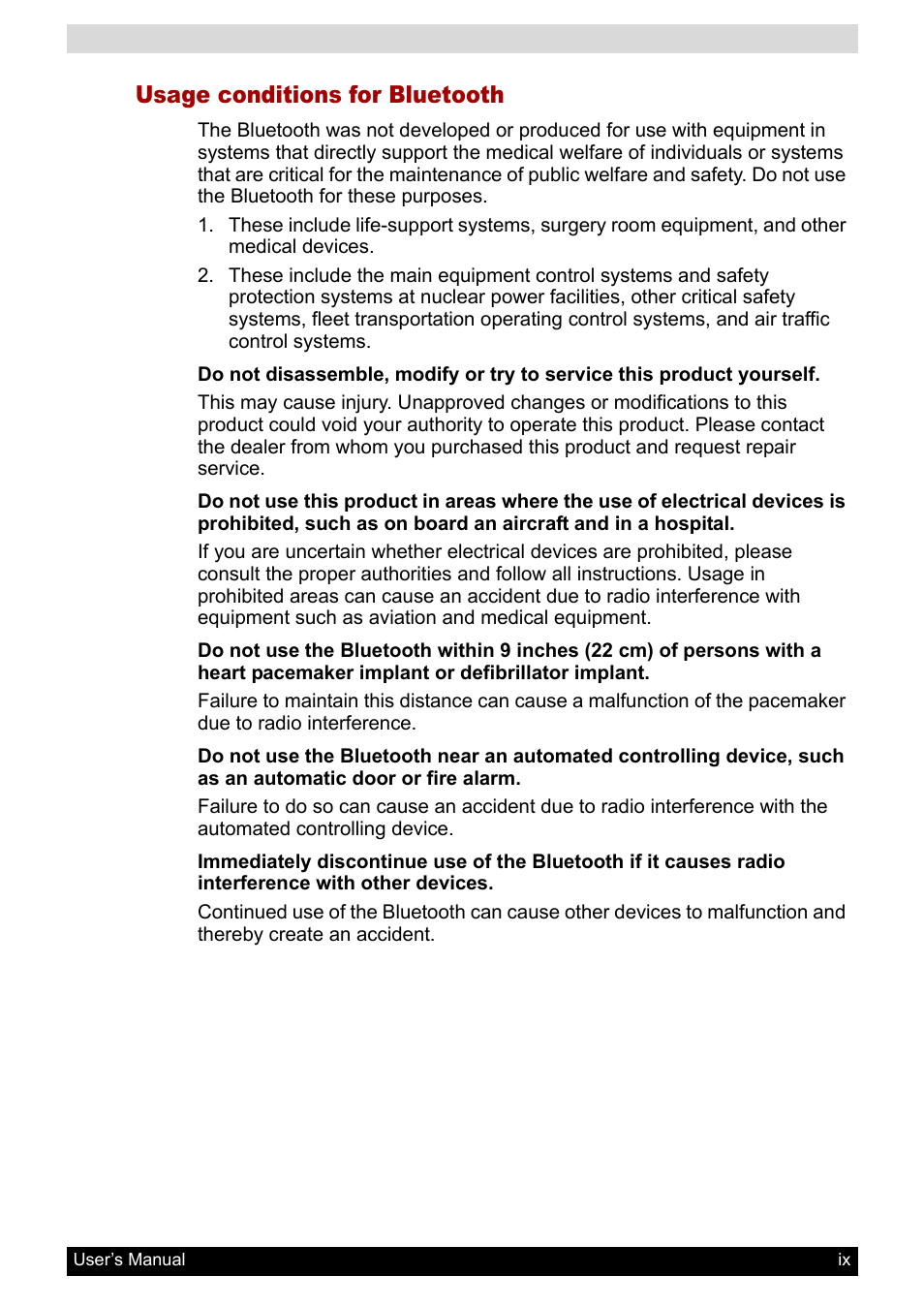 Usage conditions for bluetooth | Toshiba Pocket PC e800 User Manual | Page 9 / 223