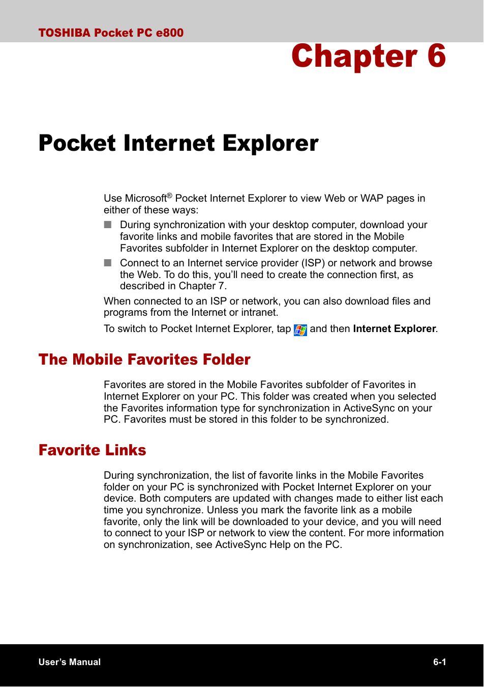 Pocket internet explorer, The mobile favorites folder, Favorite links | Chapter 6, The mobile favorites folder -1 favorite links -1 | Toshiba Pocket PC e800 User Manual | Page 90 / 223