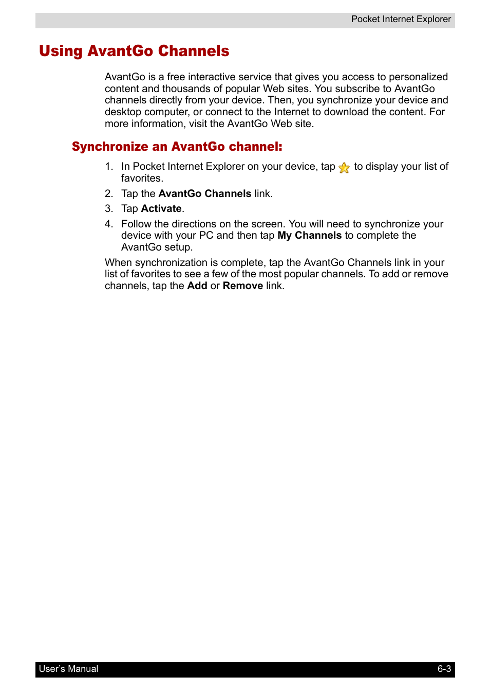 Using avantgo channels, Synchronize an avantgo channel, Using avantgo channels -3 | Toshiba Pocket PC e800 User Manual | Page 92 / 223