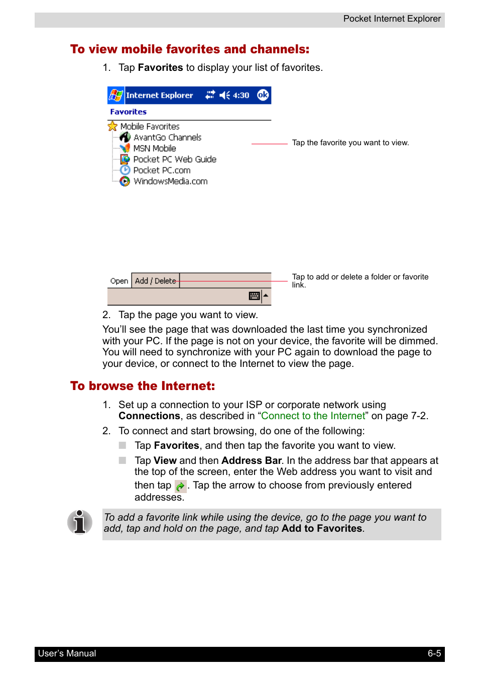 To view mobile favorites and channels, To browse the internet | Toshiba Pocket PC e800 User Manual | Page 94 / 223
