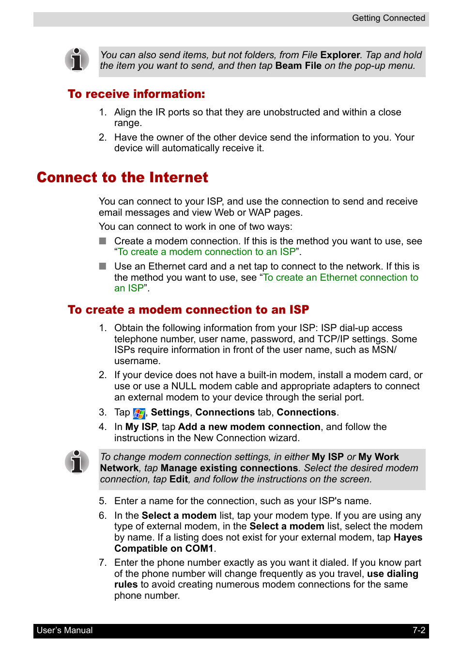 To receive information, Connect to the internet, To create a modem connection to an isp | Connect to the internet -2 | Toshiba Pocket PC e800 User Manual | Page 96 / 223