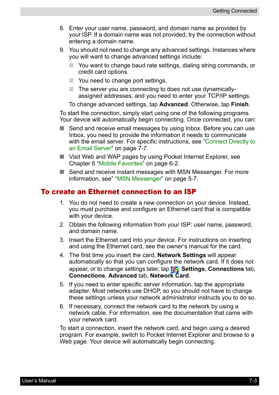 To create an ethernet connection to an isp, To create an ethernet connection to, An isp | Toshiba Pocket PC e800 User Manual | Page 97 / 223