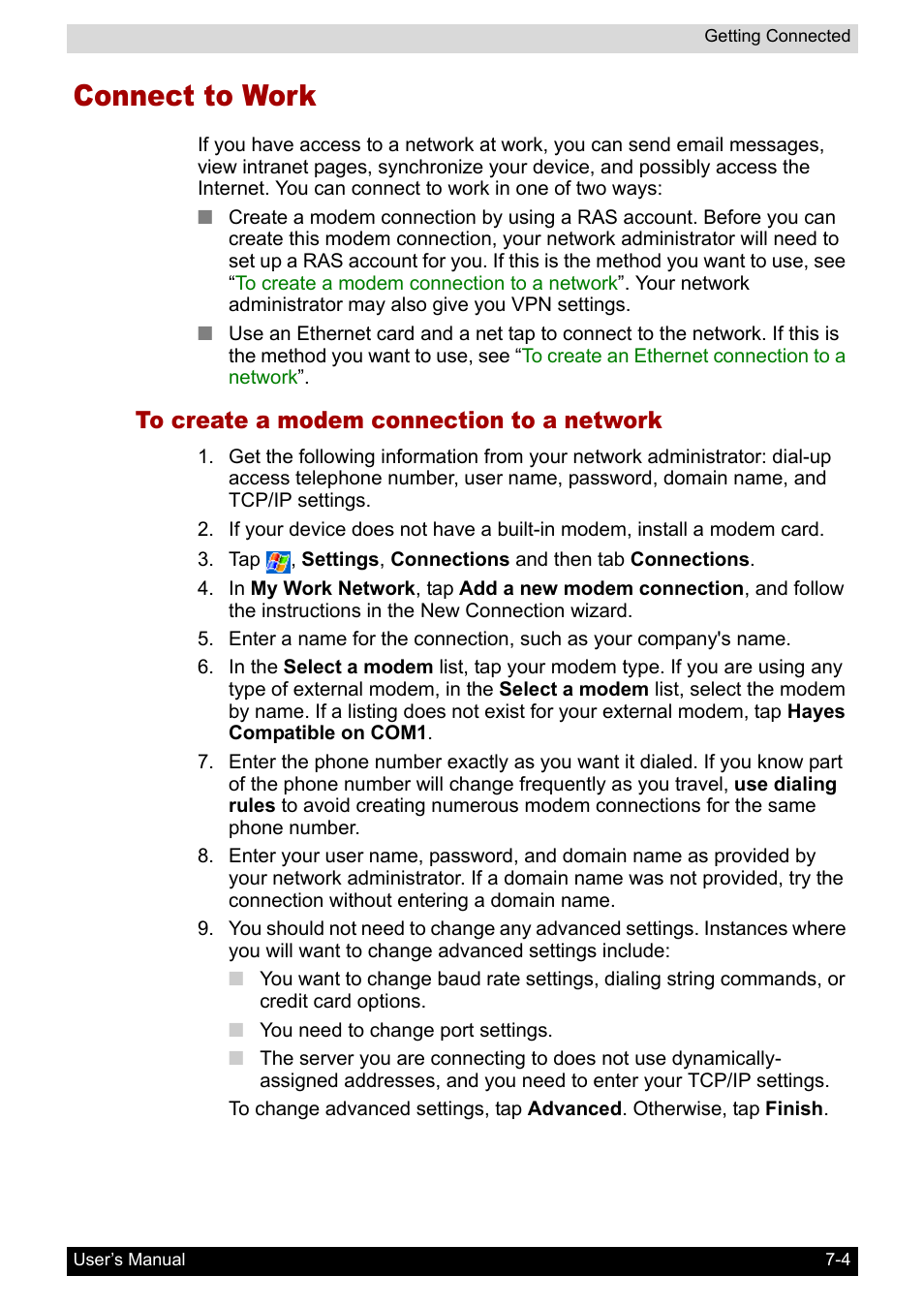 Connect to work, To create a modem connection to a network, Connect to work -4 | Toshiba Pocket PC e800 User Manual | Page 98 / 223