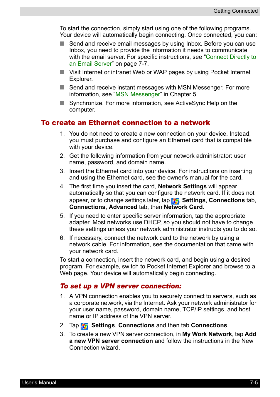 To create an ethernet connection to a network, To create an ethernet connection to a, Network | Toshiba Pocket PC e800 User Manual | Page 99 / 223