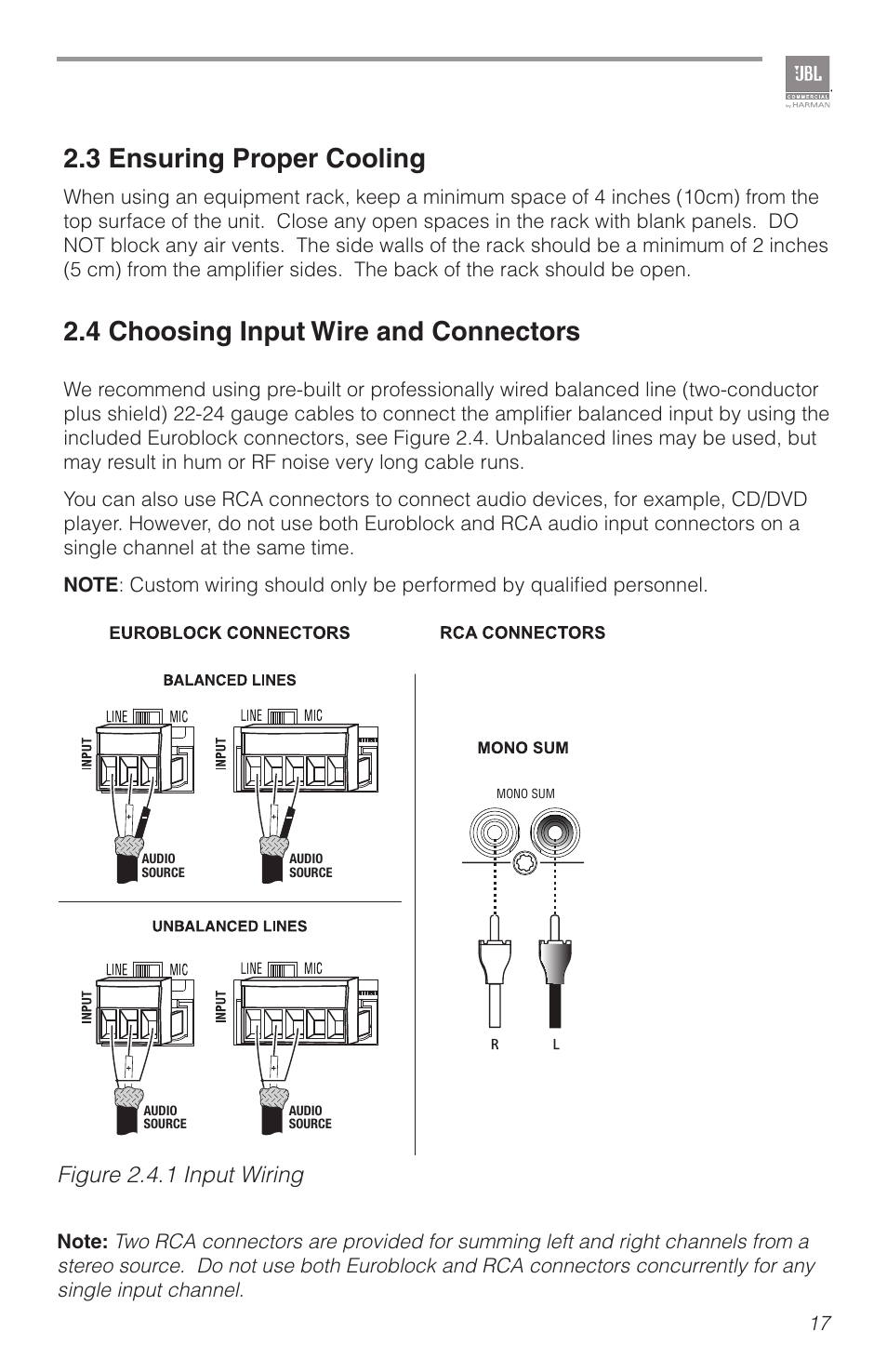 3 ensuring proper cooling, 4 choosing input wire and connectors, Figure 2.4.1 input wiring | Crown Audio JBL CSMA 180_1120 User Manual | Page 17 / 32