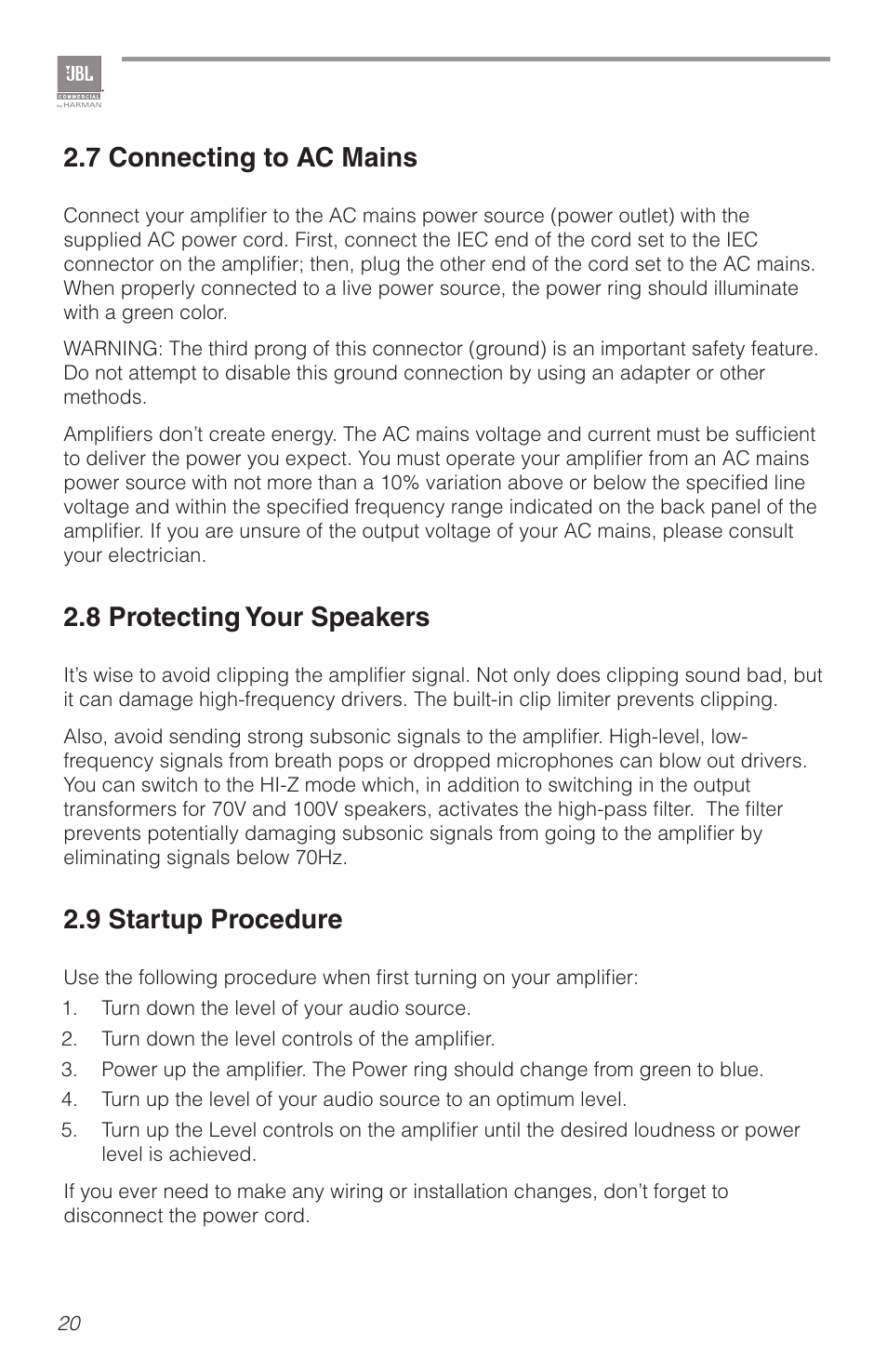 7 connecting to ac mains, 8 protecting your speakers, 9 startup procedure | Crown Audio JBL CSMA 180_1120 User Manual | Page 20 / 32