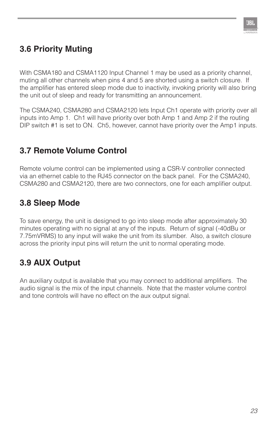 6 priority muting, 7 remote volume control, 8 sleep mode | 9 aux output | Crown Audio JBL CSMA 180_1120 User Manual | Page 23 / 32