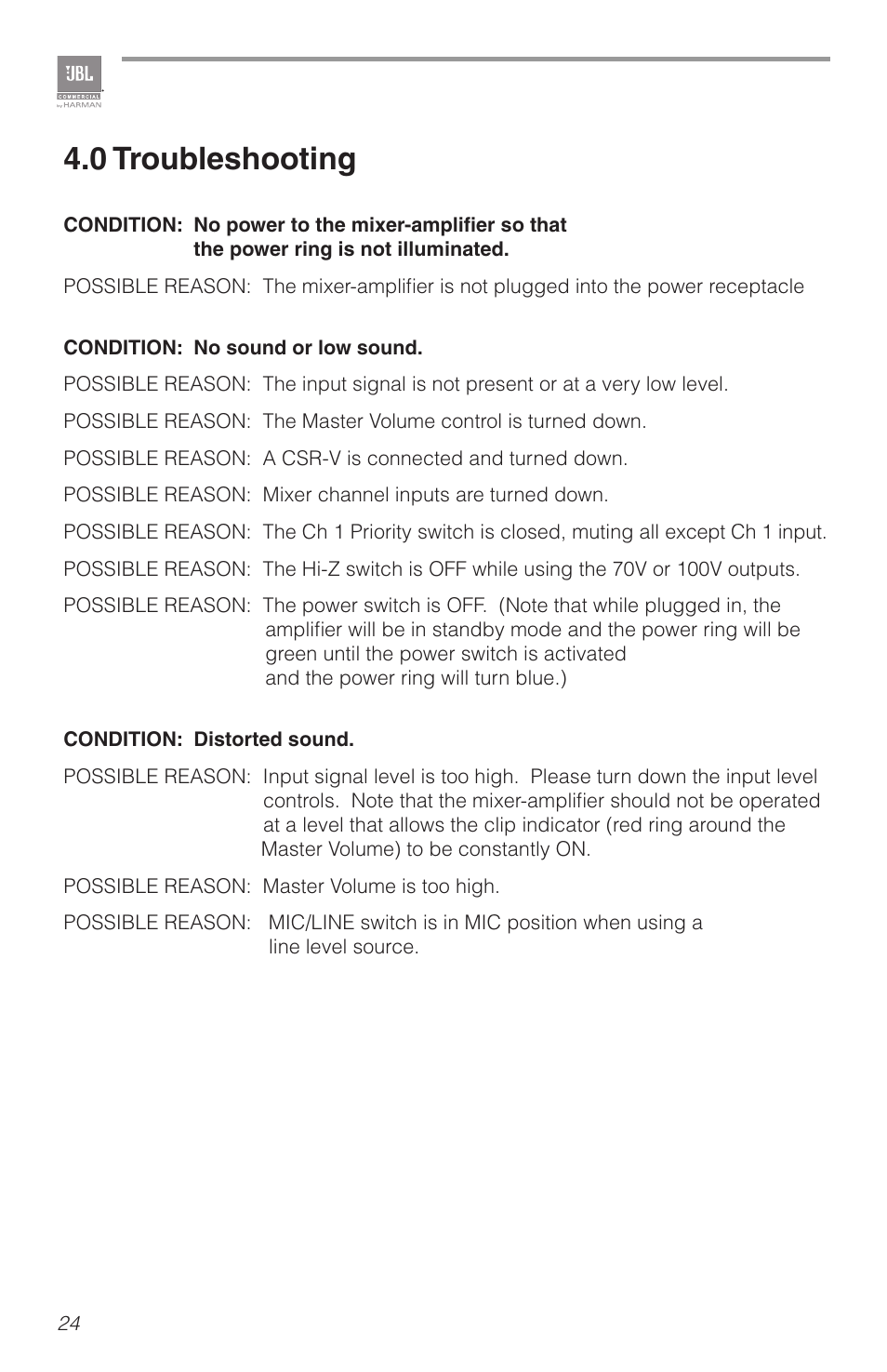 0 troubleshooting | Crown Audio JBL CSMA 180_1120 User Manual | Page 24 / 32