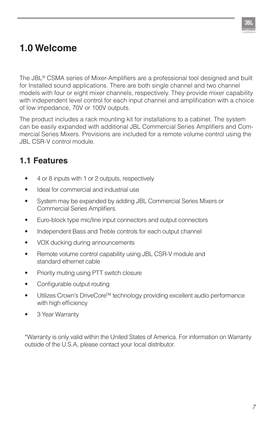 0 welcome, 1 features | Crown Audio JBL CSMA 180_1120 User Manual | Page 7 / 32