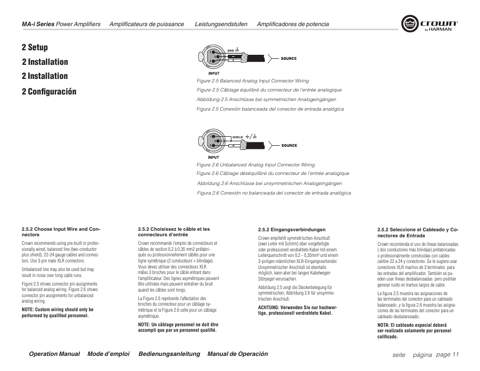 2 setup, 2 installation 2 configuración 2 installation | Crown Audio Macro Tech i Series User Manual | Page 11 / 52