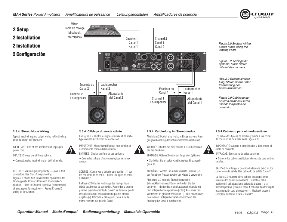 2 setup, 2 installation 2 configuración 2 installation | Crown Audio Macro Tech i Series User Manual | Page 13 / 52