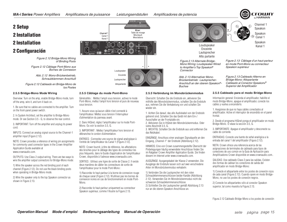 2 setup, 2 installation 2 configuración 2 installation | Crown Audio Macro Tech i Series User Manual | Page 15 / 52