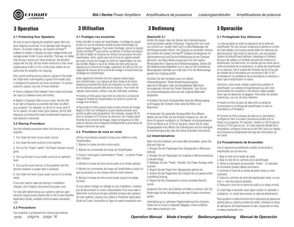 3 operation, 3 bedienung 3 operación 3 utilisation | Crown Audio Macro Tech i Series User Manual | Page 16 / 52