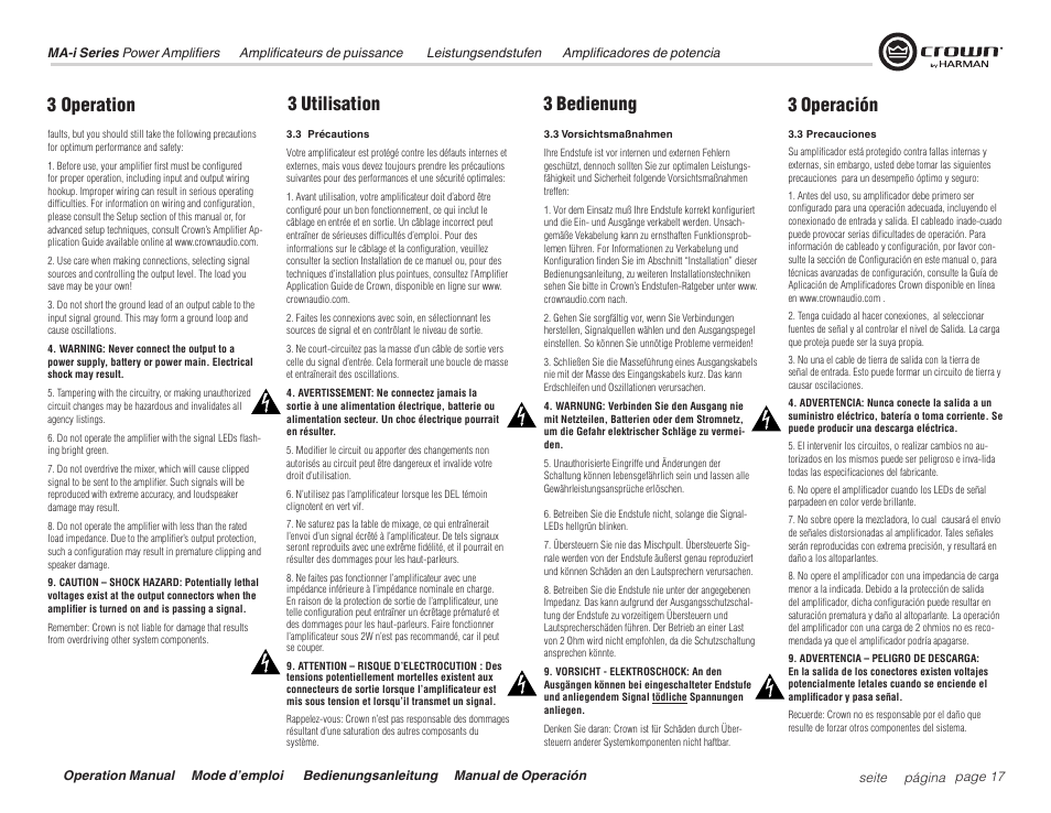 3 operation, 3 bedienung 3 operación 3 utilisation | Crown Audio Macro Tech i Series User Manual | Page 17 / 52