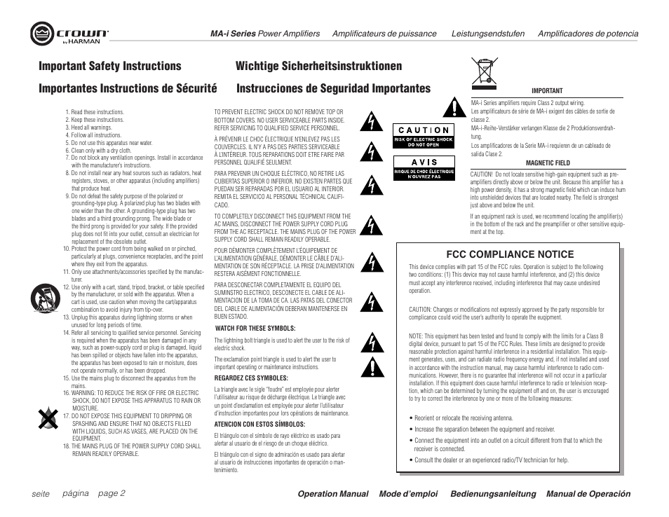 Important safety instructions, Fcc compliance notice | Crown Audio Macro Tech i Series User Manual | Page 2 / 52