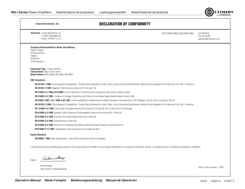 Declaration of conformity | Crown Audio Macro Tech i Series User Manual | Page 3 / 52