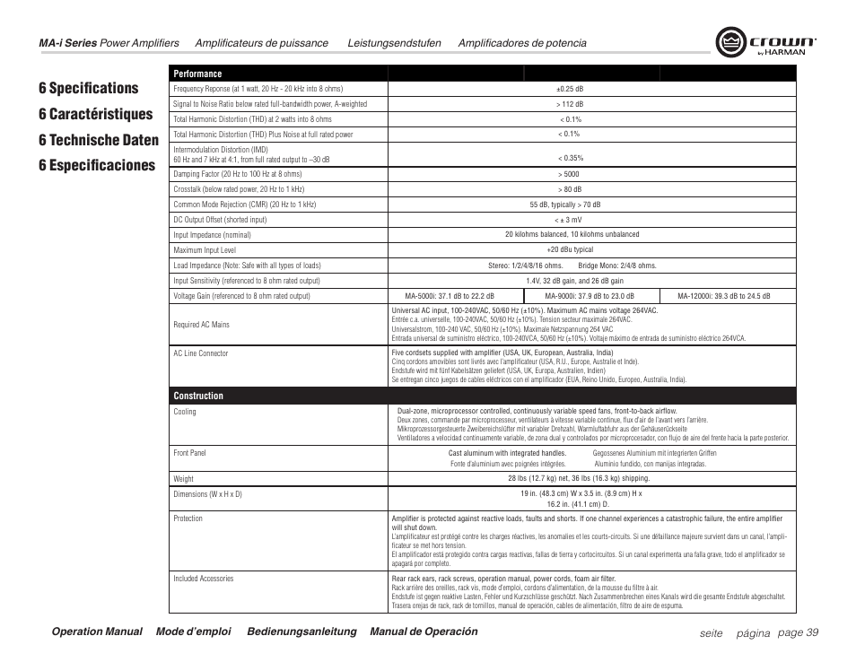 Crown Audio Macro Tech i Series User Manual | Page 39 / 52