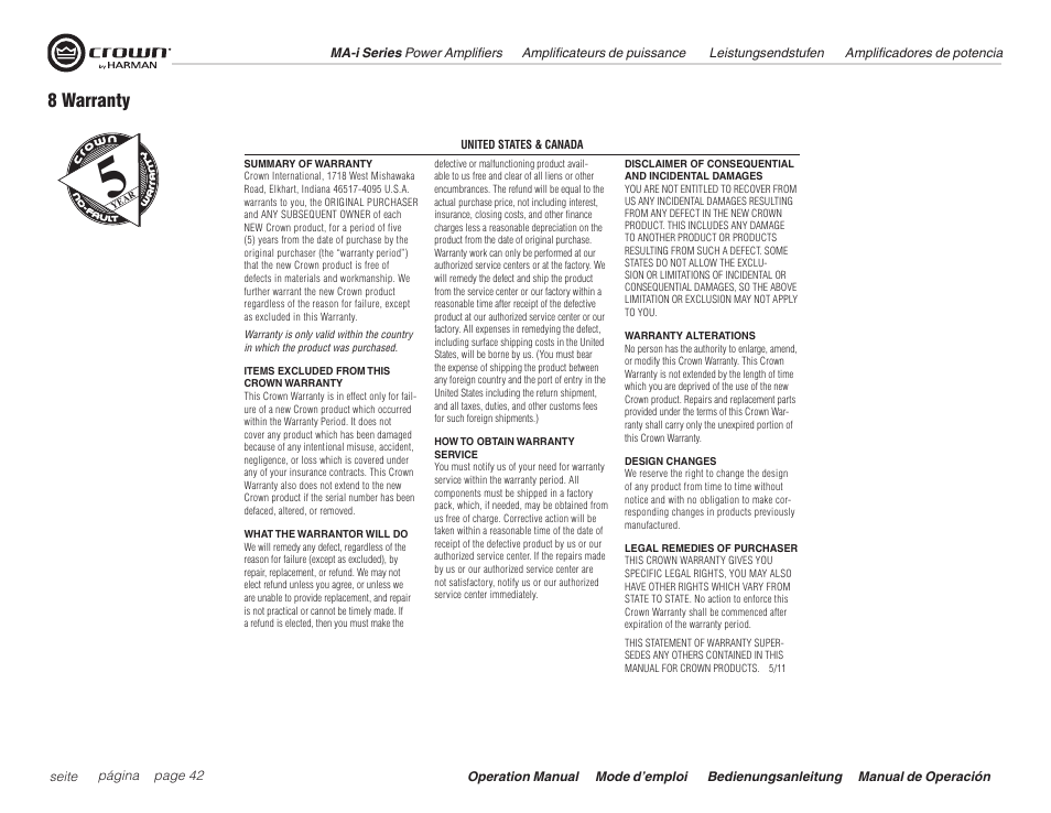 8 warranty | Crown Audio Macro Tech i Series User Manual | Page 42 / 52
