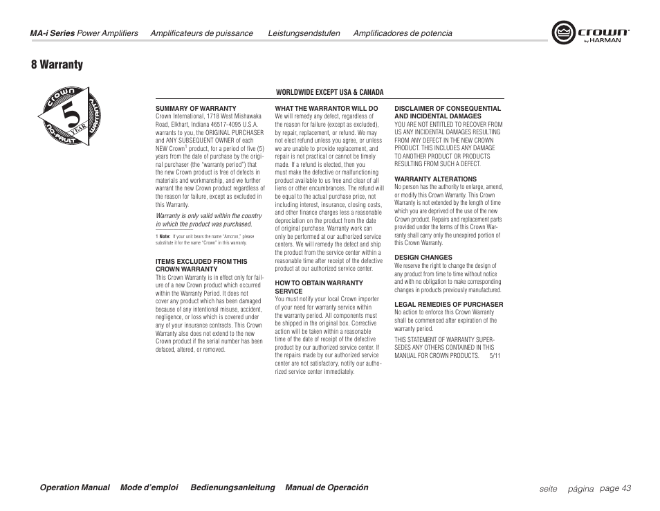 8 warranty | Crown Audio Macro Tech i Series User Manual | Page 43 / 52