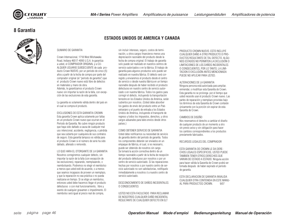8 garantia, Estados unidos de america y canada | Crown Audio Macro Tech i Series User Manual | Page 46 / 52