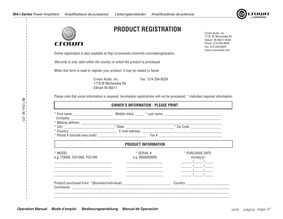 Product registration | Crown Audio Macro Tech i Series User Manual | Page 47 / 52