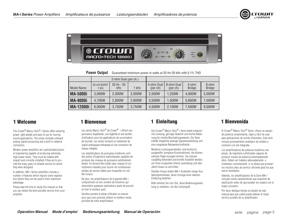 1 welcome, 1 bienvenue 1 einleitung 1 bienvenida, Ma-5000i | Ma-9000i | Crown Audio Macro Tech i Series User Manual | Page 5 / 52