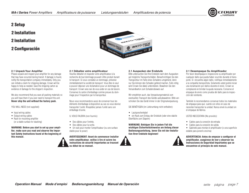 2 setup, 2 installation 2 configuración 2 installation | Crown Audio Macro Tech i Series User Manual | Page 7 / 52