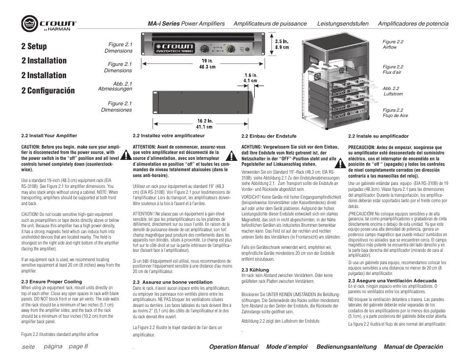 2 setup, 2 installation 2 configuración 2 installation | Crown Audio Macro Tech i Series User Manual | Page 8 / 52