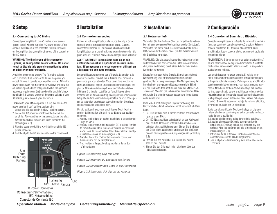 2 setup, 2 installation 2 configuración 2 installation | Crown Audio Macro Tech i Series User Manual | Page 9 / 52