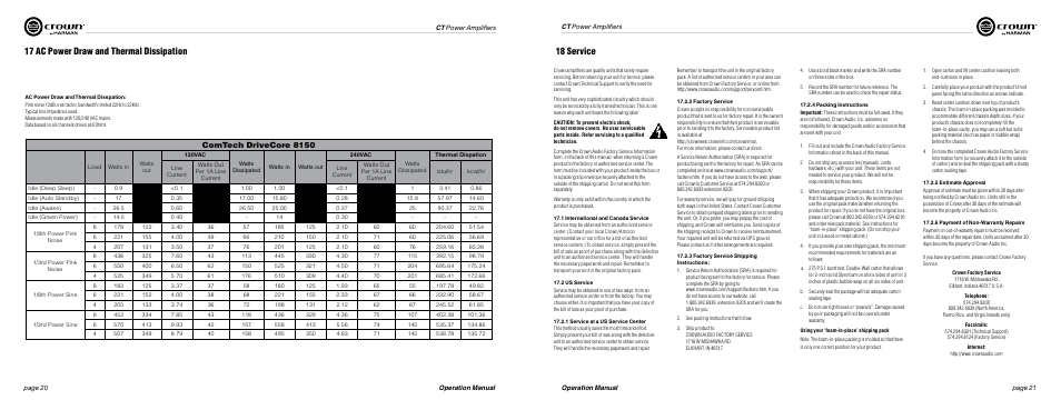 18 service, 17 ac power draw and thermal dissipation, Comtech drivecore 8150 | Crown Audio ComTech DriveCore Series User Manual | Page 11 / 15