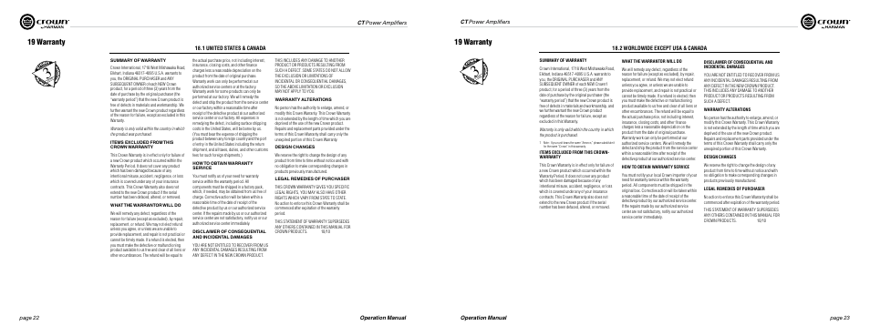 19 warranty | Crown Audio ComTech DriveCore Series User Manual | Page 12 / 15