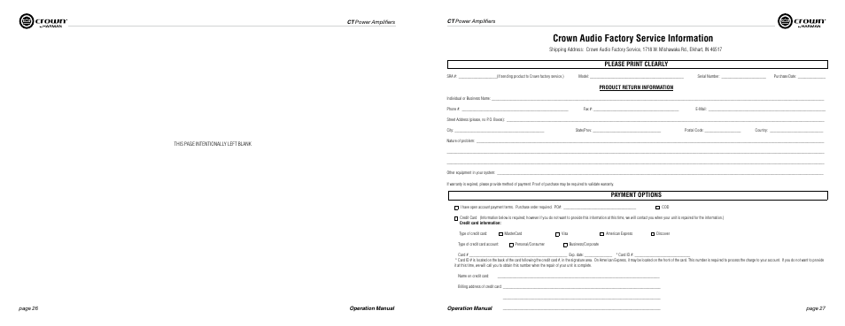 Crown audio factory service information, Please print clearly, Payment options | Crown Audio ComTech DriveCore Series User Manual | Page 14 / 15