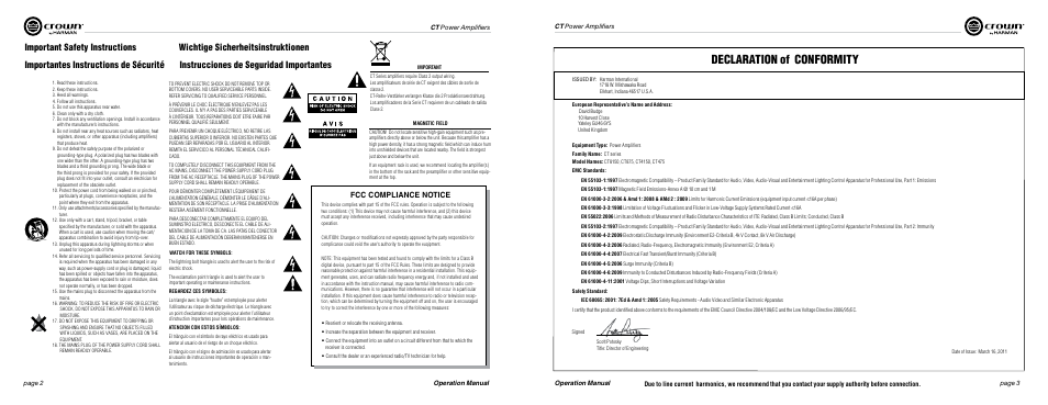 Declaration of conformity, Important safety instructions, Fcc compliance notice | Crown Audio ComTech DriveCore Series User Manual | Page 2 / 15