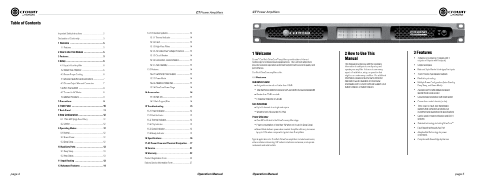 Table of contents 1 welcome, 2 how to use this manual, 3 features | Crown Audio ComTech DriveCore Series User Manual | Page 3 / 15