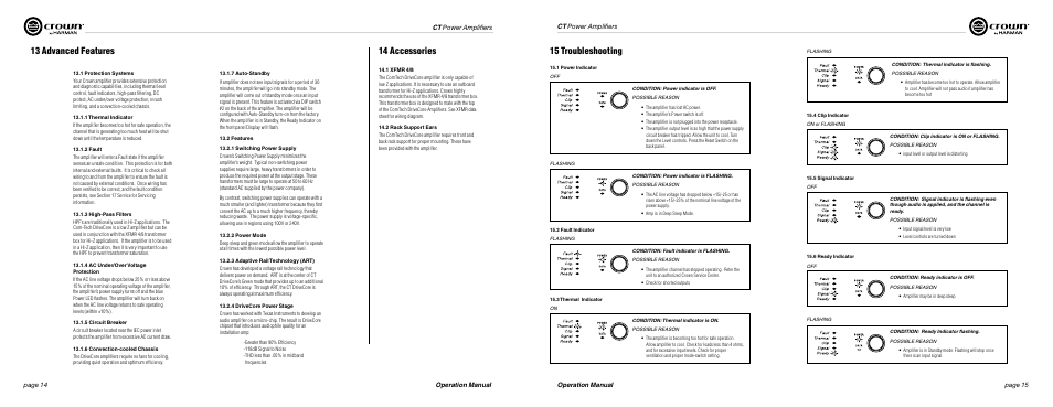 13 advanced features, 15 troubleshooting, 14 accessories | Crown Audio ComTech DriveCore Series User Manual | Page 8 / 15