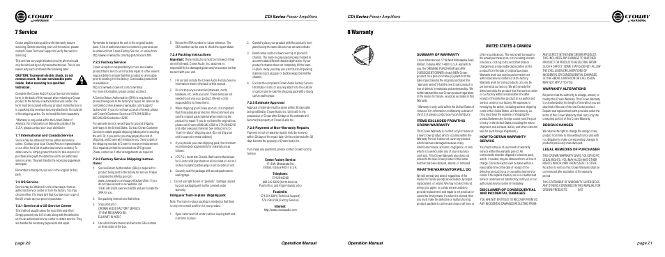 7 service, 8 warranty, United states & canada | Crown Audio CDi Series User Manual | Page 11 / 15