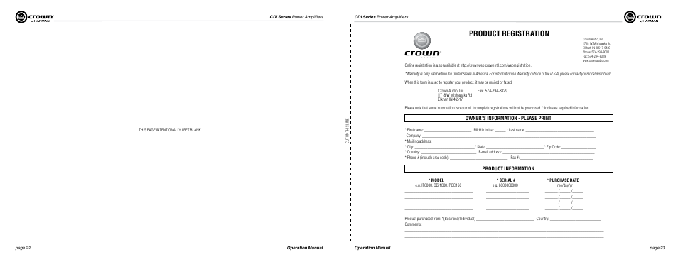 Product registration | Crown Audio CDi Series User Manual | Page 12 / 15