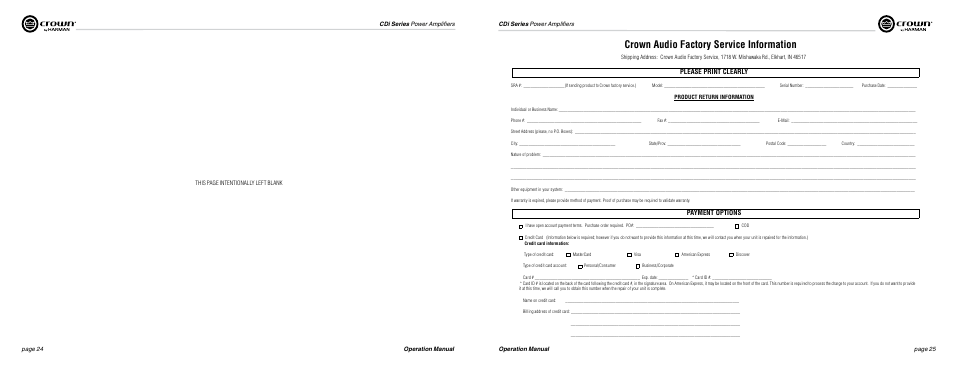 Crown audio factory service information, Please print clearly, Payment options | Crown Audio CDi Series User Manual | Page 13 / 15