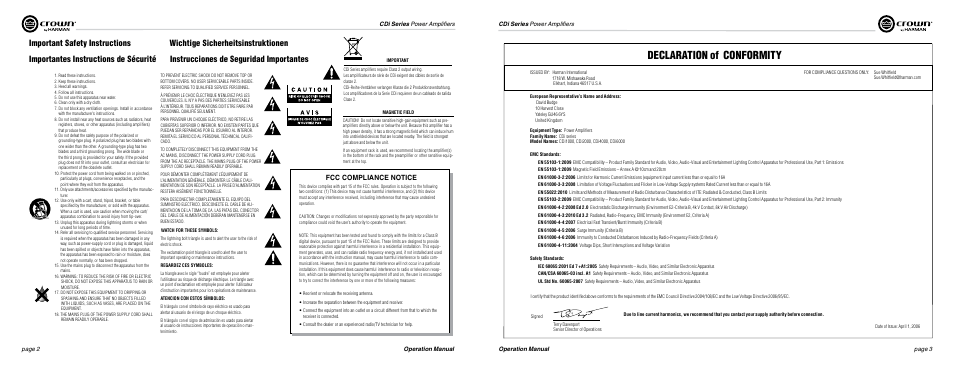 Declaration of conformity, Important safety instructions, Fcc compliance notice | Crown Audio CDi Series User Manual | Page 2 / 15