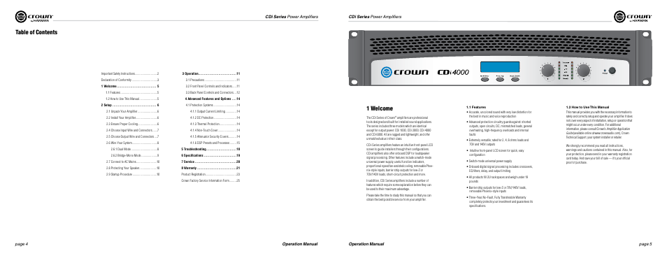 Table of contents 1 welcome | Crown Audio CDi Series User Manual | Page 3 / 15