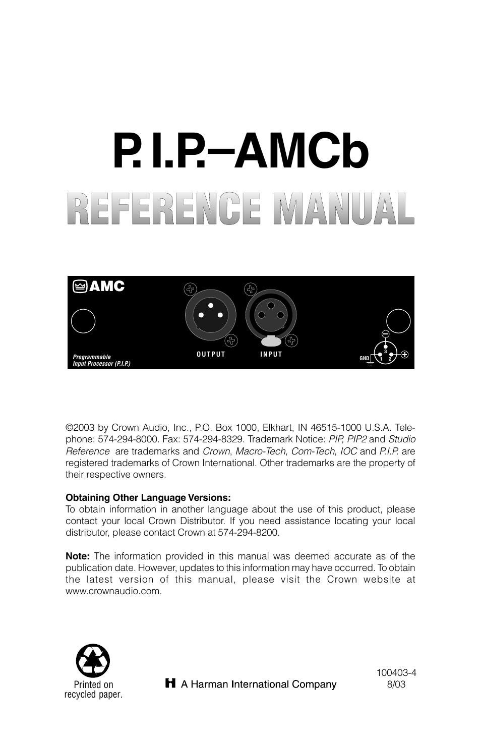 Crown Audio P.I.P.-AMCb User Manual | 20 pages