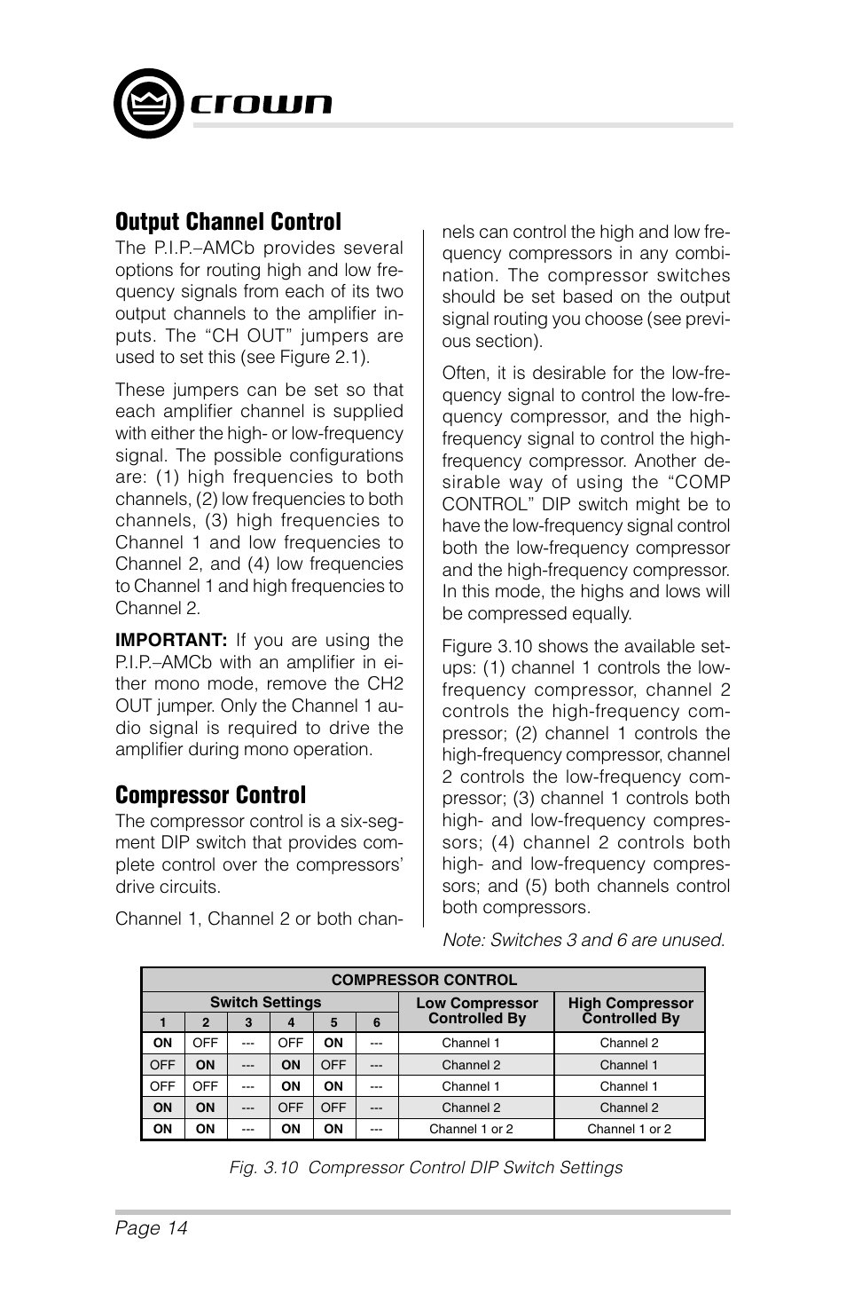 Output channel control, Compressor control, Page 14 | P.i.p.–amcb | Crown Audio P.I.P.-AMCb User Manual | Page 14 / 20