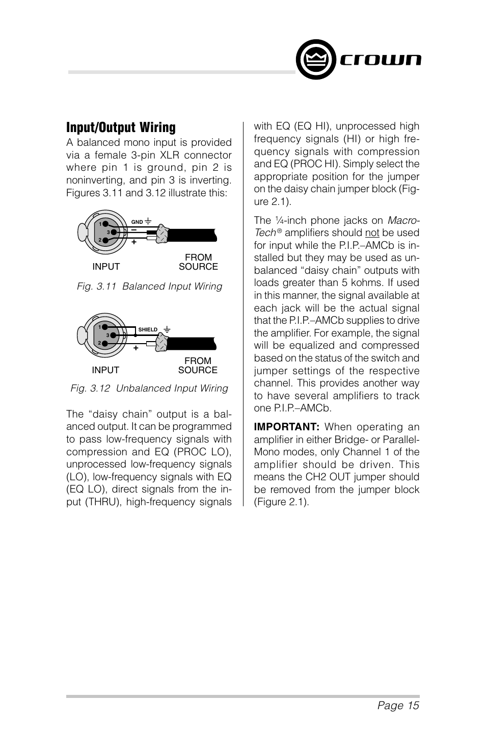 Input/output wiring, Page 15, P.i.p.–amcb | Crown Audio P.I.P.-AMCb User Manual | Page 15 / 20