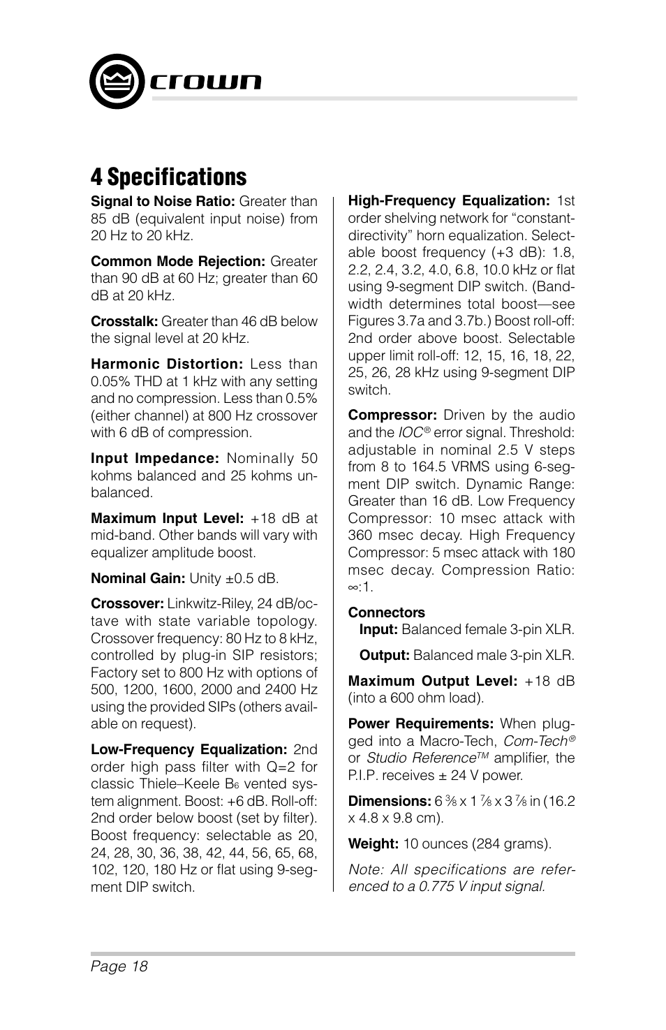 4 specifications | Crown Audio P.I.P.-AMCb User Manual | Page 18 / 20