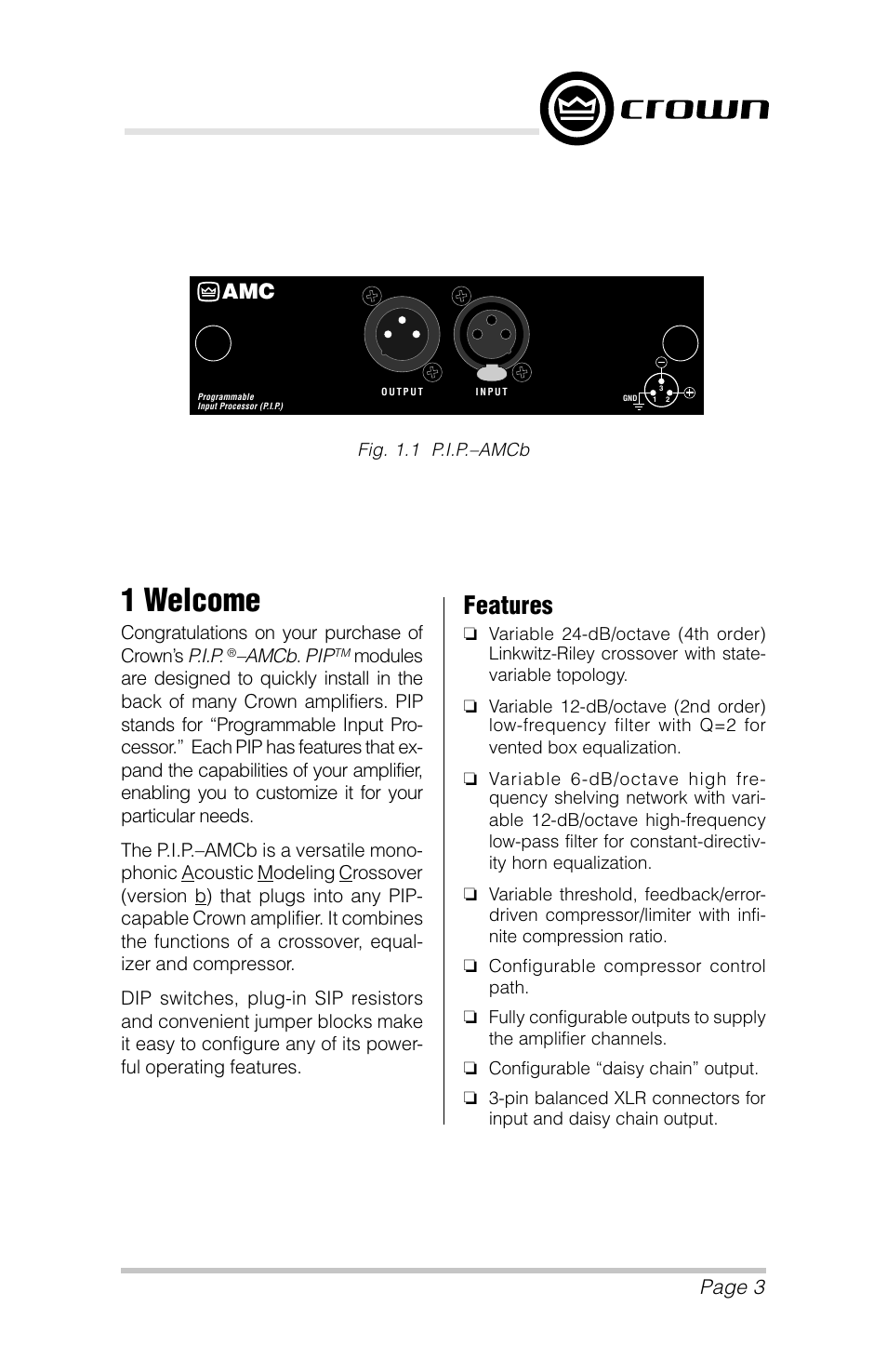 1 welcome, Features, Page 3 | Crown Audio P.I.P.-AMCb User Manual | Page 3 / 20