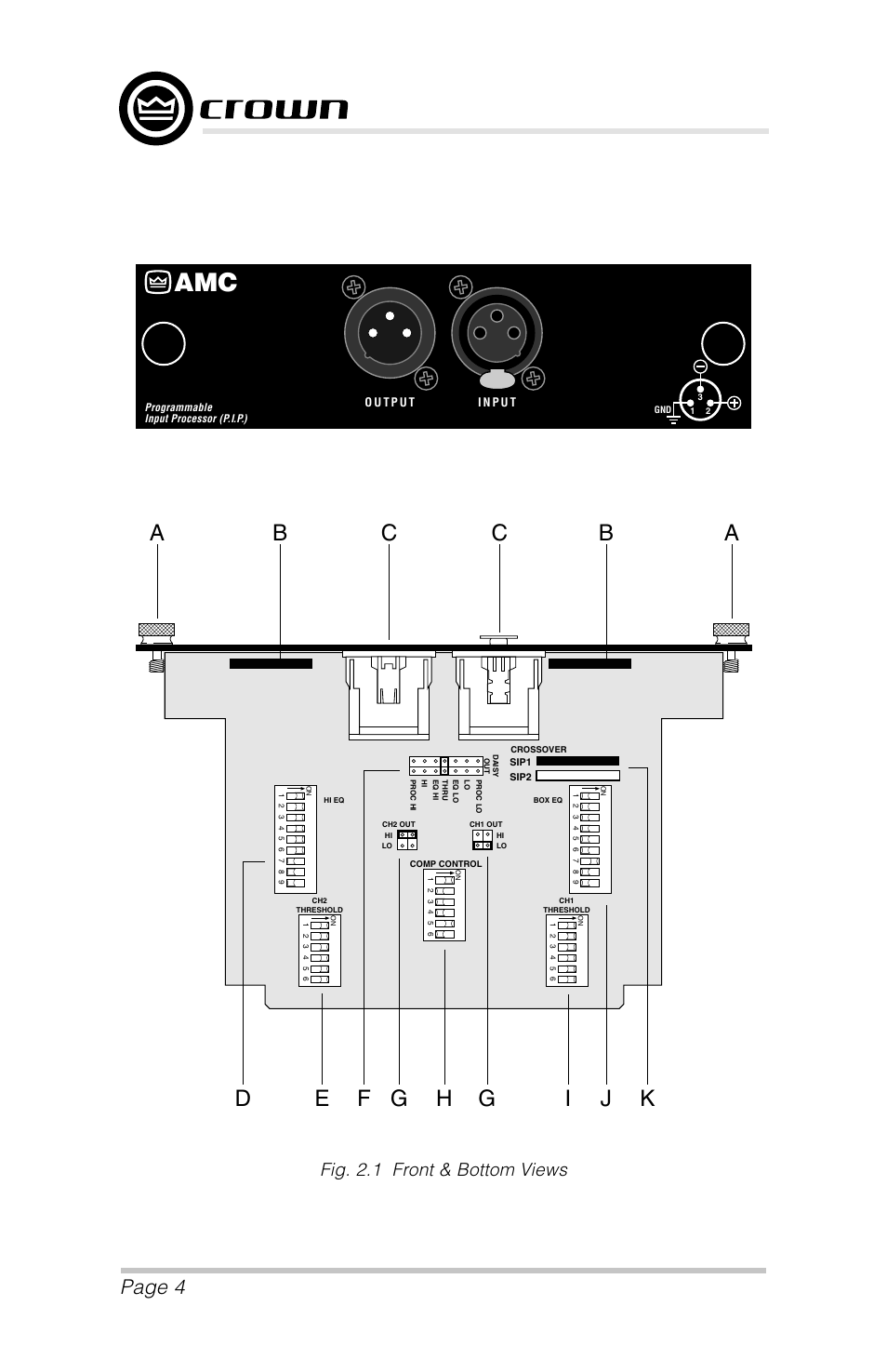 Page 4, P.i.p.–amcb, Fig. 2.1 front & bottom views | Crown Audio P.I.P.-AMCb User Manual | Page 4 / 20