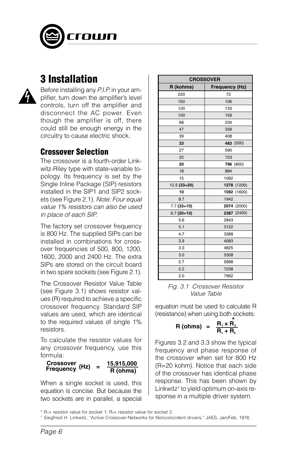 3 installation, Crossover selection, Page 6 | P.i.p.–amcb, R (ohms), Fig. 3.1 crossover resistor value table | Crown Audio P.I.P.-AMCb User Manual | Page 6 / 20